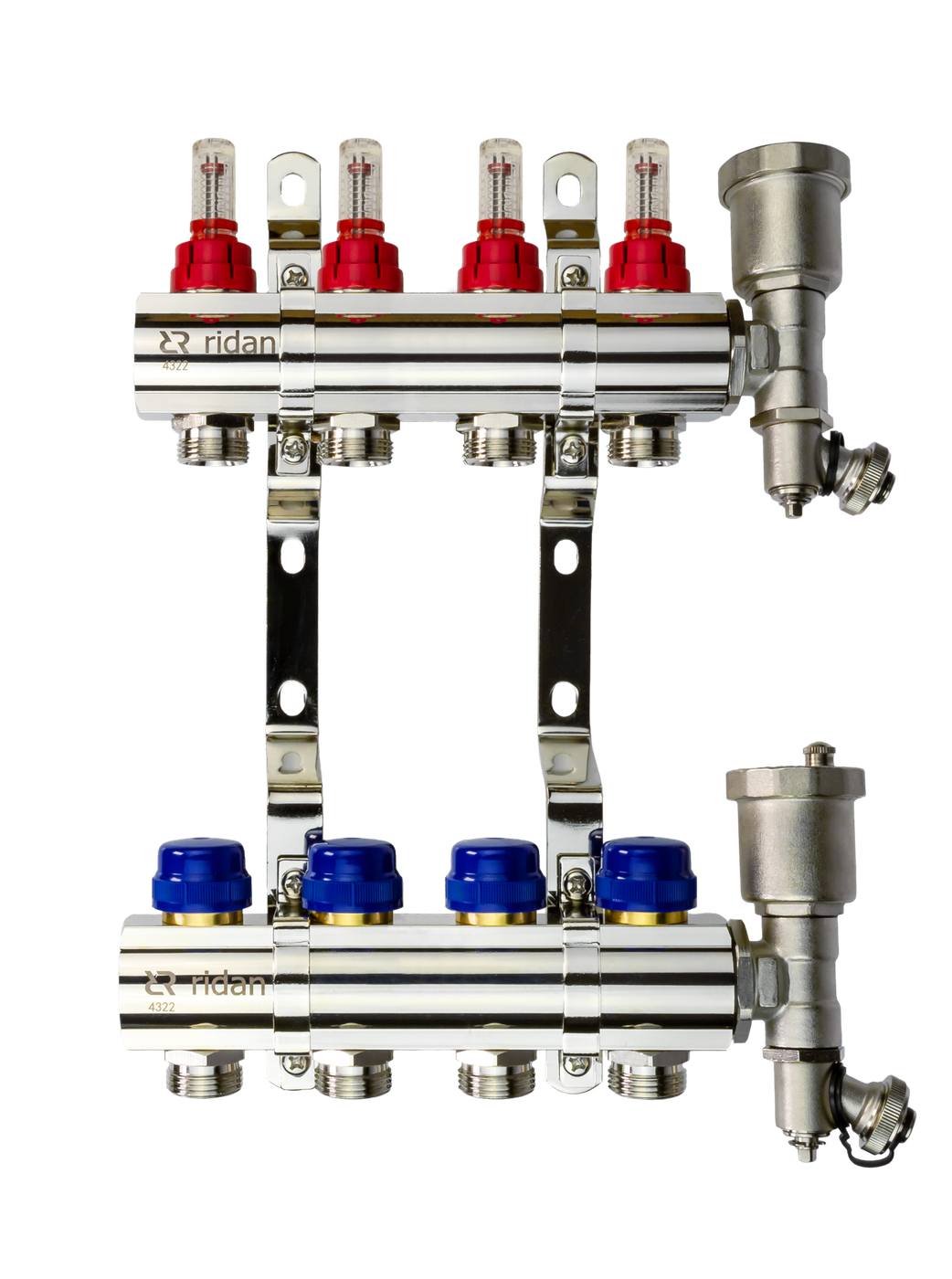 Коллекторная группа FHF-4RF set 4 контура 1'x3/4' с расходомерами, воздухоотводчиками и кронштейнами
