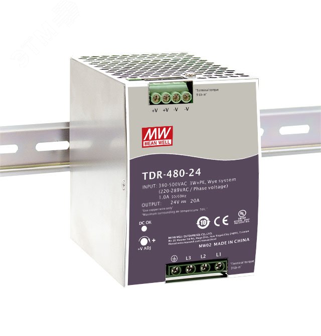 Блок питания AC-DC, 480Вт, ККМ, 3-х фазный, вход 340-550В AC, 47-63,480-780В DC, выход 24В,20A, рег. вых 24-28В, в кожухе на DIN-рейку