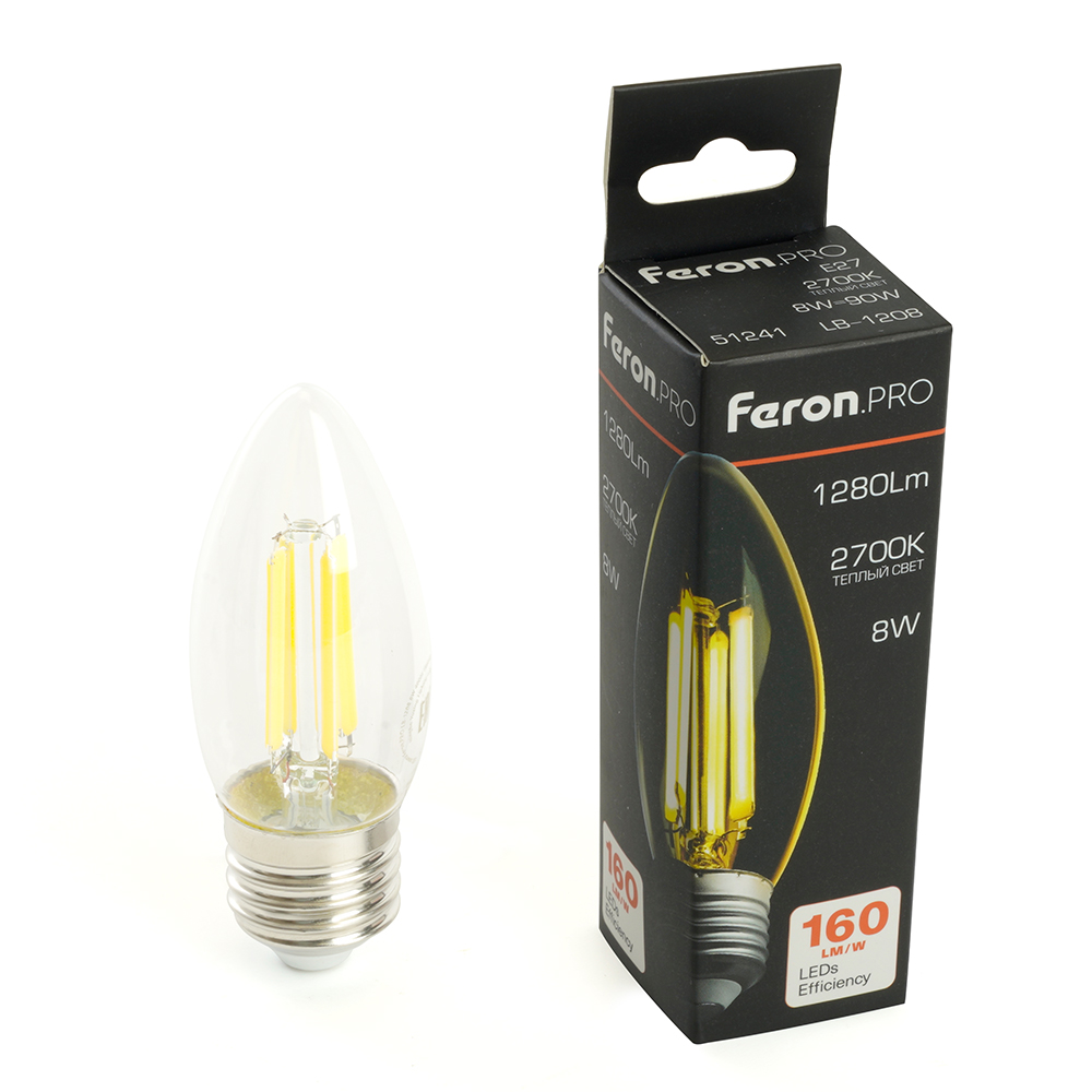 Лампа светодиодная LED 8вт Е27 теплый свеча FILAMENT .PRO