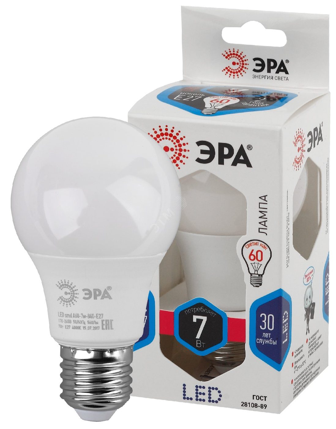 Лампа светодиодная LED 7 Вт 560Лм 4000К груша нейтральный E27 170-265В LED A60-7W-840-E27 Standart