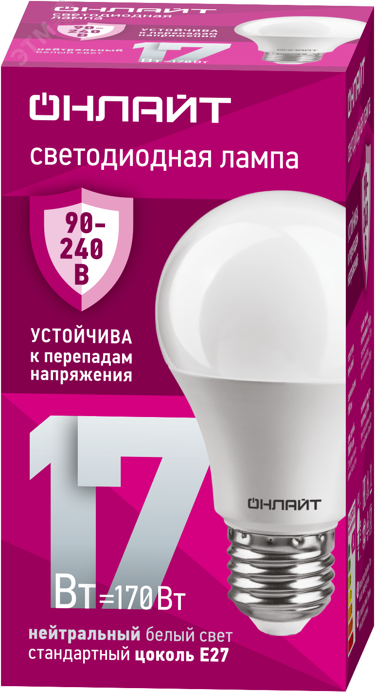 Лампа светодиодная 17 Вт OLL-A60-17-230-4K-E27 PRO 90-240В