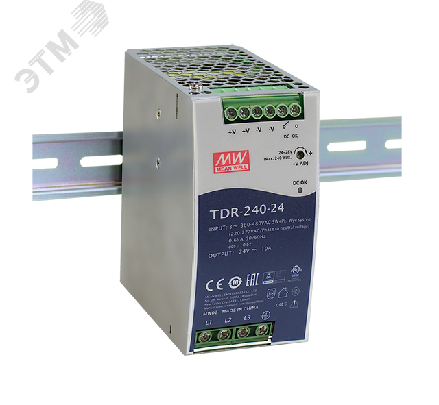Блок питания AC-DC, 240Вт, ККМ, 3-х фазный, вход 340-550В AC, 47-63,480-780В DC, выход 24В,10A, рег. вых 24-28В, в кожухе на DIN-рейку