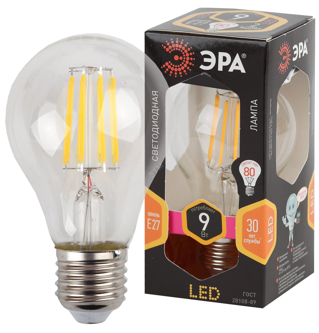 Лампа светодиодная декоративная LED 9 Вт 1170Лм 2700К груша, филамент теплый E27 230В F-LED A60-9W-827-E27