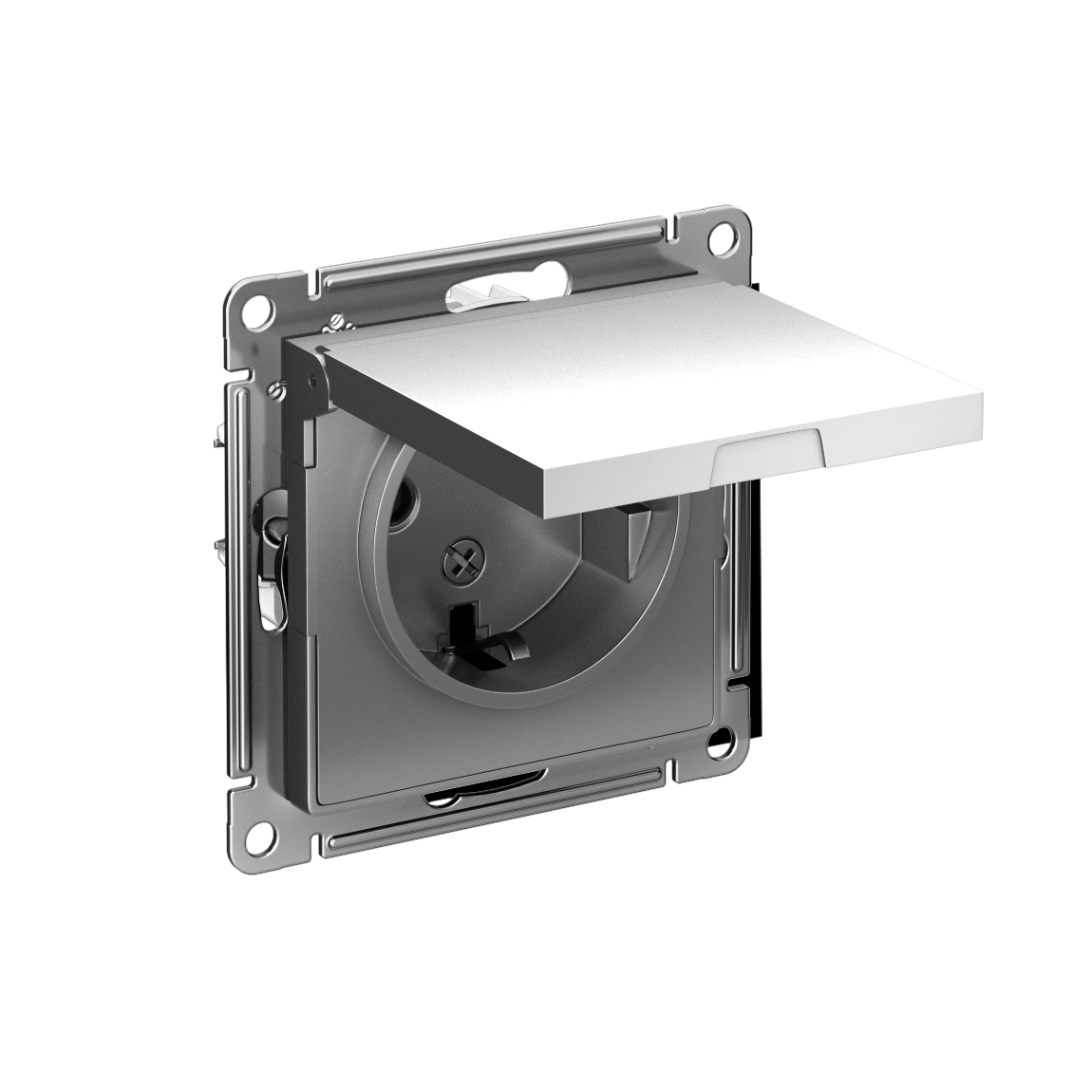 ATLASDESIGN РОЗЕТКА с заземл. со шторк. с крышкой,16А,IP20, быстрозажимные клеммы, СТАЛЬ