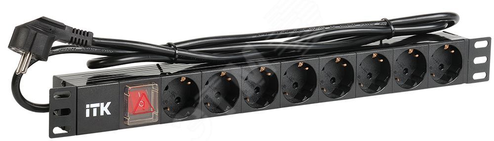PDU 8 розеток DIN49440 (нем. станд.) с LED выключателем, 1U, шнур 2м вилка DIN49441 (нем. станд.), профиль из ПВХ, черный