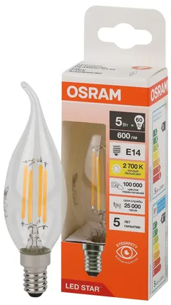LED STAR CL BA60 5W/827 220-240V FIL CL E14 600lm - LED лампа свеча на ветру OSRAM