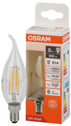 LED STAR CL BA60 5W/840 220-240V FIL CL E14 600lm - LED лампа свеча на ветру OSRAM