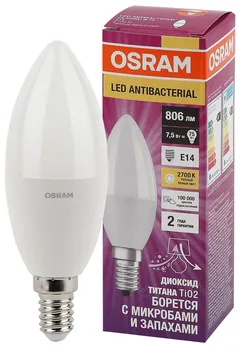 LCCLB60 7,5W/827 230V FR E14 806lm - свеча АНТИБАКТЕРИАЛ. лампа OSRAM