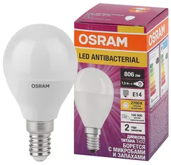 LCCLP60 7,5W/827 230V FR E14 806lm - шарик АНТИБАКТЕРИАЛ. лампа OSRAM