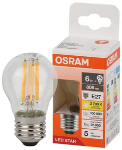LED STAR CL P 75 6W/827 220-240V FIL CL E27 806lm - LED лампа шарик OSRAM