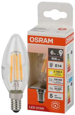 LED STAR CL B75 6W/827 220-240V FIL CL E14 806lm - LED лампа свеча OSRAM