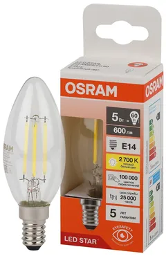 LED STAR CL B60 5W/827 220-240V FIL CL E14 600lm - LED лампа свеча OSRAM