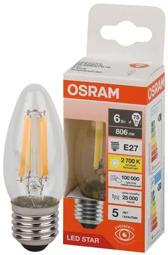 LED STAR CL B75 6W/827 220-240V FIL CL E27 806lm - LED лампа свеча OSRAM