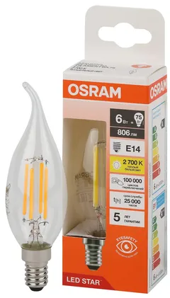 LED STAR CL BA75 6W/827 220-240V FIL CL E14 806lm - LED лампа свеча на ветру OSRAM