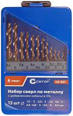 Набор сверл по металлу с кобальтом 5% в металлической коробке, 1.5-6.5 мм (через 0.5мм + 3.2мм, 4.8мм), 13 шт, Cutop Profi