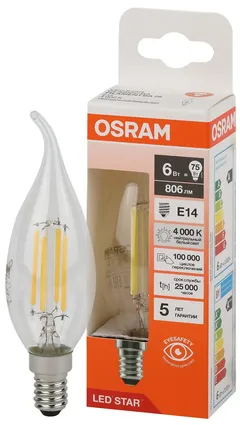 LED STAR CL BA75 6W/840 220-240V FIL CL E14 806lm - LED лампа свеча на ветру OSRAM