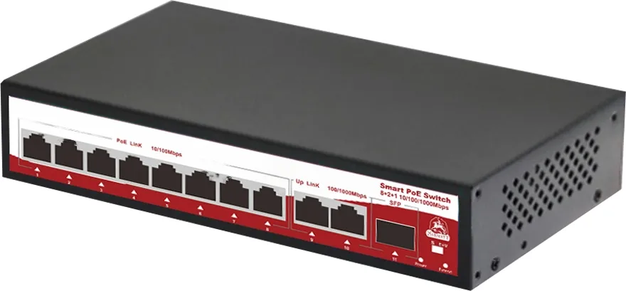 Коммутатор неуправляемый 8x100Мбит/с (RJ45 с PoE+), 2x100Мбит/с (RJ45) 120Вт