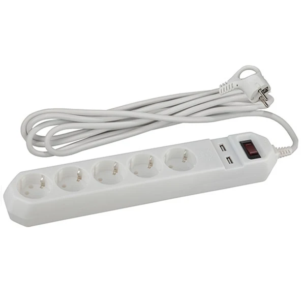 Фильтр сетевой 5х1,5м 2хUSB 10А с/з с выключателем белый